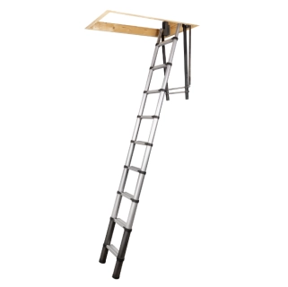 Hliníkový půdní žebřík teleskopický, kvalitní zpracování, délka 2,30 - 2,65 m, 9 příček, nosnost 150 kg, BATAVIA