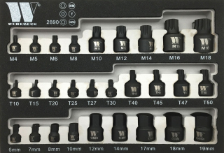 Hlavice zástrčné, Torx T10-T50, Inbus H6-H19, XZN M4-M18, extra krátké, sada 28 dílů, Welzh