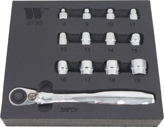 Gola sada 3/8", extra krátké pro stísněné prostory 8 - 19 mm,CrV, 13 dílů, Welzh