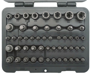 Hlavice zástrčné a nástrčné, Torx T6-T70, Ribe 8IP-60IP a E-profil E4-E24, sada 52 dílů, Welzh