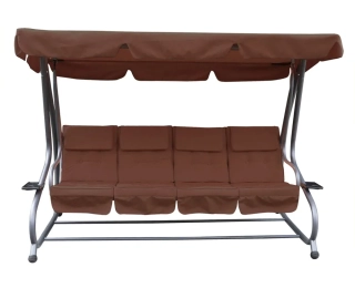 Zahradní houpačka MILANO, prémiová houpací lavice s pevnou konstrukcí a nosností 320 kg, pro 3–⁠⁠⁠⁠⁠⁠4 osoby, lůžková úprava včetně stříšky a čalounění, hnědá barva VeGA