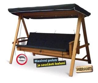 Zahradní houpačka LUX BLACK, prémiová dřevěná houpací lavice s pevnou konstrukcí a nosností 300 kg, pro 3 osoby, lůžková úprava včetně stříšky a čalounění, VeGA